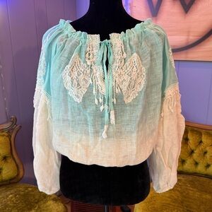 NWT Vanita Rosa 100% Linen Boho Aqua & Cream Ombre Sheer Beach Cover Top